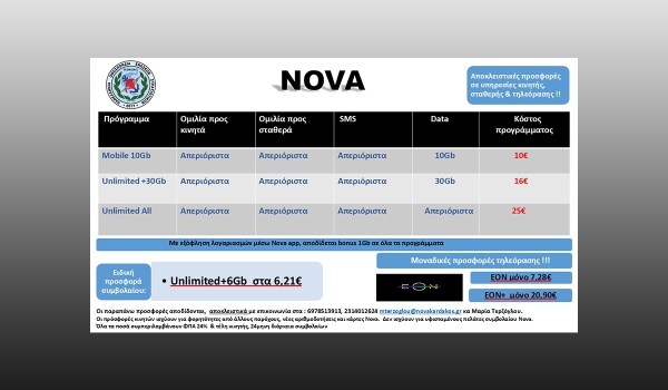 Ανανεωμένη προσφορά Nova για τα μέλη της ΠΟΜΕΝΣ.